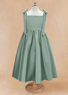 Azazie Chelsie Flower Girl Dresses Silver Sage A-Line Bow Matte Satin Dress image5