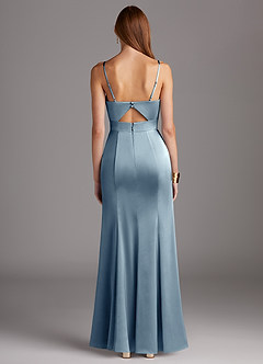 Azazie Shania Vestidos de damas de honor Vestido de Azul Polvoriento de Satén Elástico de Corte Recto con Cuello en V Plisado image2