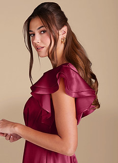 Azazie Daphne Modest Bridesmaid Dresses A-Line Ruched Metallic Satin Floor-Length Dress image5