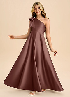 Azazie Penguin Junior Espresso A-Line Bow Stretch Satin Dress image1