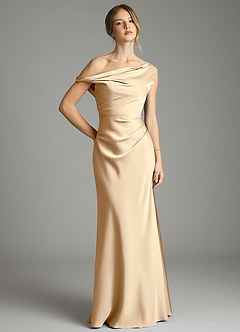 Azazie Emerson Bridesmaid Dresses Champagne Mermaid Off the Shoulder Stretch Satin Dress image1