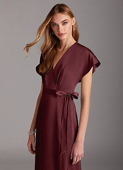 Azazie Nico Bridesmaid Dresses Cabernet A-Line V-Neck Stretch Satin Dress image6