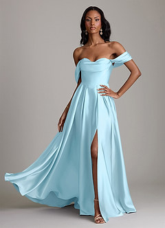 Azazie Loisa Bridesmaid Dresses Sky Blue A-Line Off the Shoulder Stretch Satin Dress image1