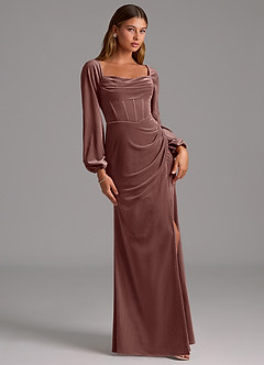Azazie Charissa Bridesmaid Dresses Espresso Sheath Long Sleeve Velvet Dress image3