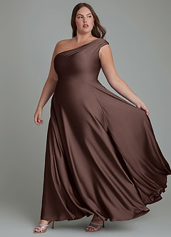 Azazie Melanie Robes de demoiselle d'honneur Robe Trapèze en Satin extensible Épaules dénudées Ganache image10