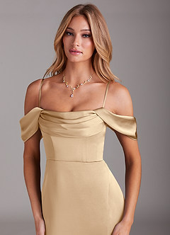 Azazie Saige Robes de demoiselle d'honneur Robe Sirène en Satin extensible Épaule décolletée Champagne image2