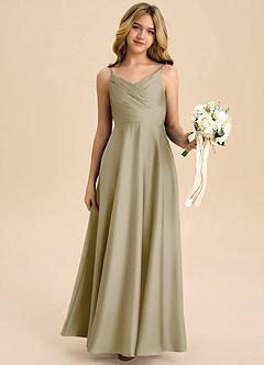 Azazie Bug Junior Vestido de Musgo Verde de Satén Elástico de Corte en A con Plisado image6