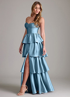 Azazie Faye Bridesmaid Dresses Steel Blue A-Line Ruched Stretch Satin Dress image3