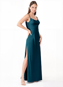 Azazie Alaija Bridesmaid Dresses Ink Blue Mermaid Side Slit Stretch Satin Dress image3