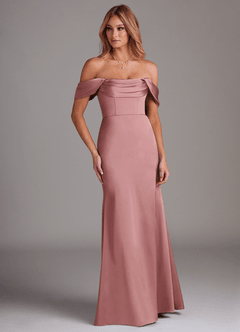 Azazie Saige Vestidos de damas de honor Vestido de Rosa Polvorienta de Satén Elástico de Corte Recto con Vestidos sin tirantes image4