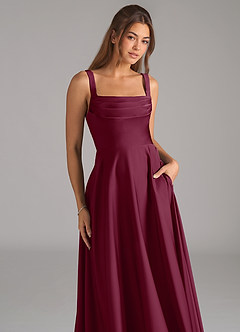 Azazie Shaude Bridesmaid Dresses Mulberry A-Line Pleated Stretch Satin Dress image2