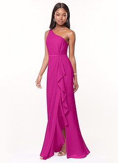 Azazie Liza Vestidos de damas de honor Vestido de Fucsia de Gasa de Corte Sirena con Hombro unilateral image1