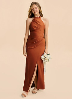 Azazie Jemma Junior Cinnamon Sheath Ruched Stretch Satin Dress image4