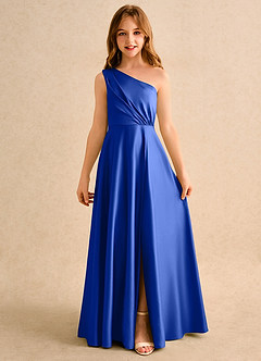 Azazie Puddles Girls Formal Flower Girl Dresses Royal Blue A-Line One Shoulder Matte Satin Dress image4