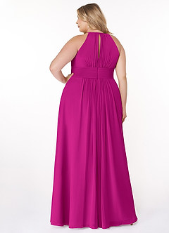 Azazie Bonnie Vestidos de damas de honor Vestido de Fucsia de Gasa de Corte En A con Cuello de pico fruncido image7