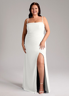 Azazie Leonis Vestidos de damas de honor Vestido de Blanco de Gasa de Corte Recto Convertible con Sin tirantes image9