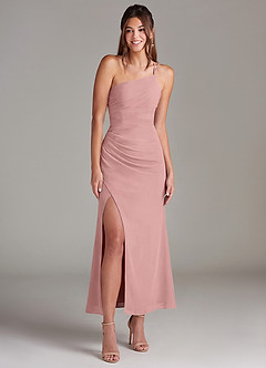 Azazie Eren 신부 들러리 드레스 인어 한쪽 어깨 쉬폰 발목 길이 드레스 image3