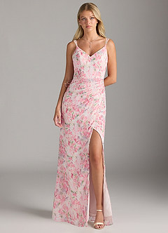 Azazie Leo Bridesmaid Dresses Abstract Watercolor Floral Mermaid V-Neck Pleated Chiffon Dress image1