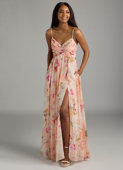 Azazie Alia Bridesmaid Dresses Abstract Bouquet Floral A-Line Pleated Chiffon Dress image4