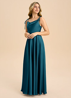 Azazie Popsy Junior Ink Blue A-Line Bow Stretch Satin Dress image4