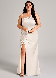 Azazie Madelyn Vestidos de damas de honor Vestido Alabastro Blanco de Satén Elástico de Corte Sirena Convertible con Un hombro image14