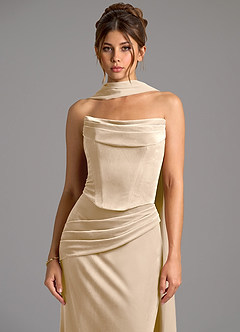 Azazie Sorrel Robes de demoiselle d'honneur Robe Sirène Convertible en velours Corset Champagne image5