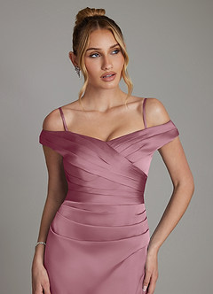 Azazie Teyana Bridesmaid Dresses Vintage Mauve Sheath Off the Shoulder Stretch Satin Dress image3