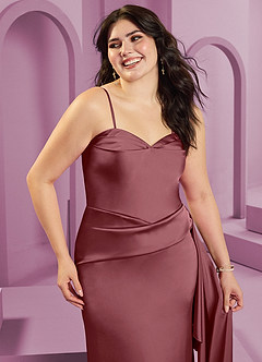 Barbie ♥ Azazie Robes de demoiselle d'honneur Robe Fourreau Convertible en Satin extensible Sans bretelle Rose Du Désert image12
