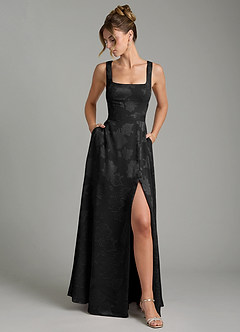 Azazie Cheyenne Bridesmaid Dresses Black A-Line Pleated Floral Jacquard Burnout Dress image5