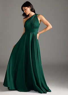 Azazie Charlize Bridesmaid Dresses Emerald A-Line One Shoulder Stretch Satin Dress image13