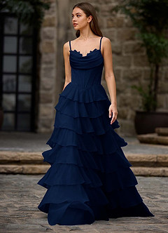 Floralace Navy Ruffled A-line Prom Dress image4