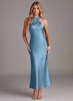 Azazie Doretta Bridesmaid Dresses Steel Blue Mermaid Pleated Stretch Satin Dress image1