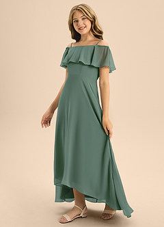 Azazie Maggie Junior Eucalyptus A-Line Off the Shoulder Chiffon Dress image4