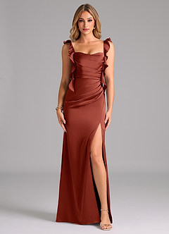 Azazie Jessamine Bridesmaid Dresses Terracotta A-Line Corset Stretch Satin Dress image3