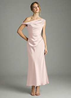 Azazie Emerson Bridesmaid Dresses Blushing Pink Mermaid Off the Shoulder Stretch Satin Dress image1
