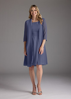 Azazie Shirley Mère de la mariée Robes Robe Trapèze en Mousseline de soie Plissé Scoop Bleu Orageux image1