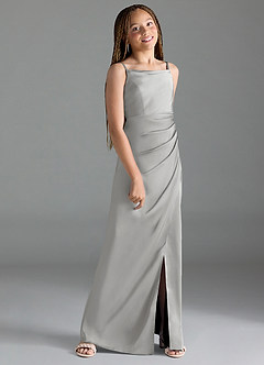 Azazie Leonis Junior Robe Trapèze en Satin extensible Plissée Argent image3