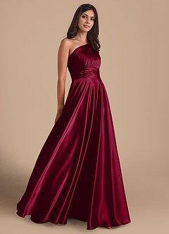 Azazie Charlize Bridesmaid Dresses Burgundy A-Line One Shoulder Metallic Satin Dress image4