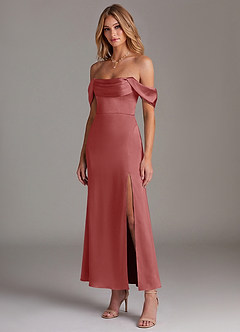 Azazie Saige 신부 들러리 드레스 인어 오프 더 숄더 스트레치 새틴 발목 길이 드레스 image4