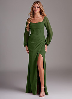 Azazie Charissa Bridesmaid Dresses Olive Sheath Long Sleeve Chiffon Dress image1