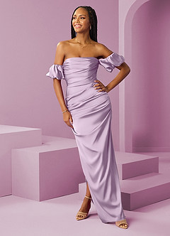 Barbie ♥ Azazie Robes de demoiselle d'honneur Robe Fourreau Convertible en Satin extensible Épaule décolletée Frostiges Flieder image3