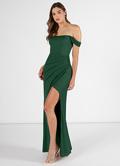 Azazie Kit Bridesmaid Dresses Dark Green Mermaid Off the Shoulder Mesh Dress image3
