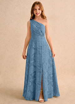 Azazie Pudles Girls Formal Flower Girl Dresses Steel Blue A-Line One Shoulder Floral Burnout Dress image4
