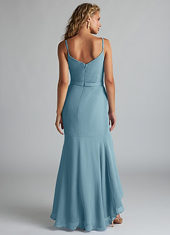 Azazie Summer Bridesmaid Dresses Moody Blue Mermaid Scoop Cowl Chiffon Dress image2