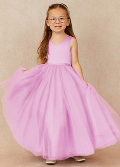 Azazie Marybell vestidos de niña de las flores Vestido de Rosa Caramelo de Tul de Corte En A con Lazo image1