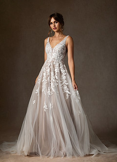 Azazie Sorella Wedding Dresses Diamond White Sand A-Line V-Neck Sequins Tulle Dress image7