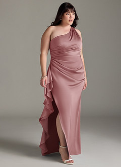 Azazie Latrice Robes de demoiselle d'honneur Robe Fourreau en Satin extensible Volants en cascade à une épaule Rose Poussiéreuse image9