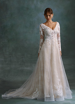 Azazie Leila Wedding Dresses Diamond White Champagne A-Line V-Neck Sequins Tulle Dress image7