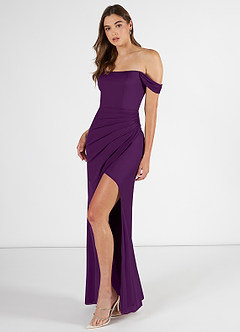 Azazie Kit Bridesmaid Dresses Grape Mermaid Off the Shoulder Mesh Dress image3