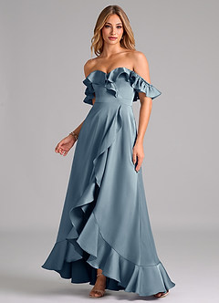 Azazie Lyra Bridesmaid Dresses Dusty Blue A-Line Off the Shoulder Stretch Satin Convertible Dress image1